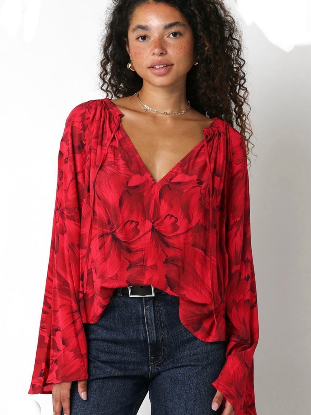 Olivaceous Red Floral V-Neck Peasant Blouse